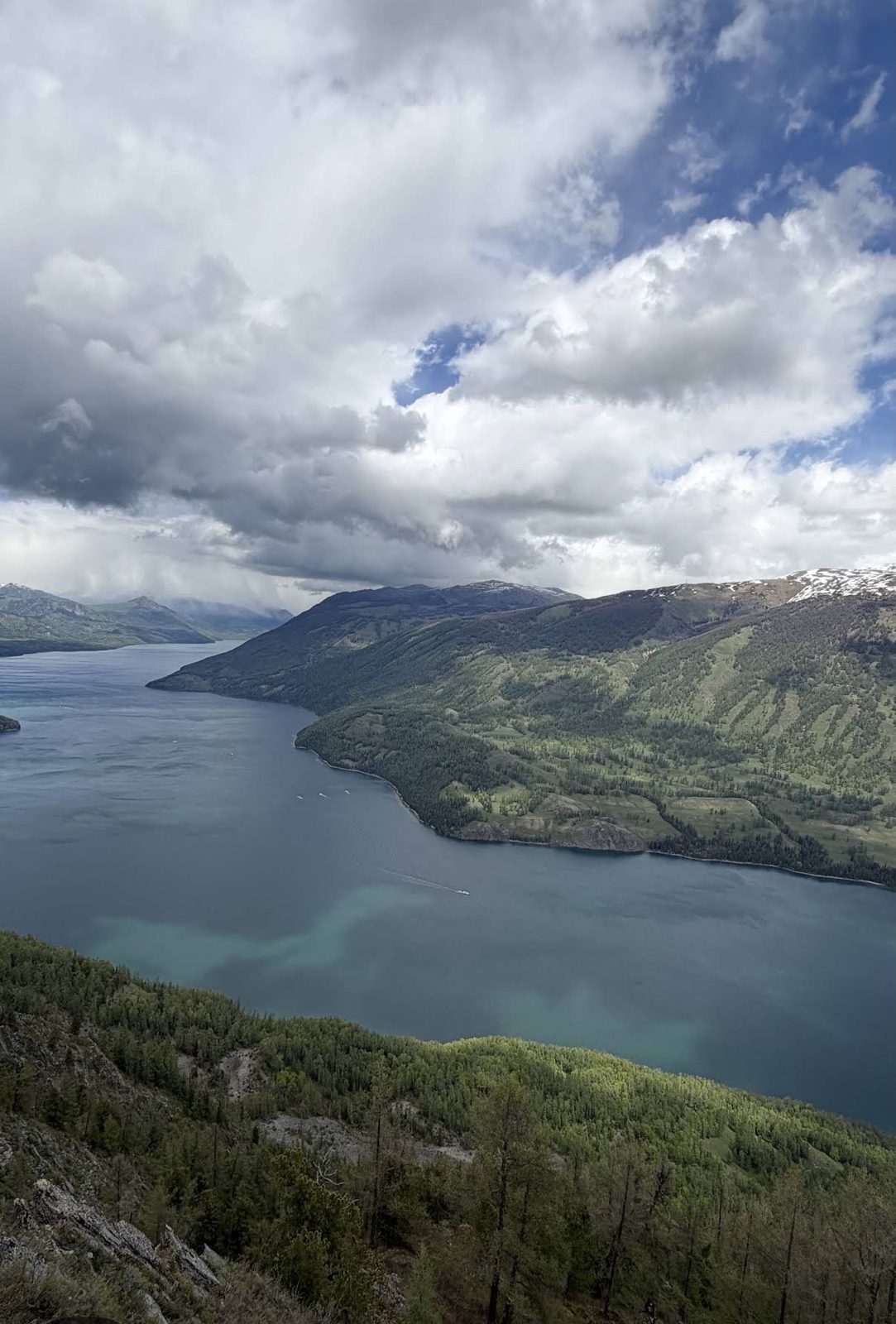 Kanas Lake seen from a viewpoint above the valley